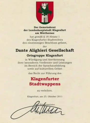 Dante Alighieri Gesellschaft Klagenfurt – Stadtwappen Dokument
